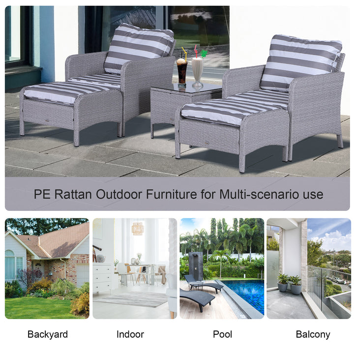 Outsunny 2 Seater PE Rattan Garden Furniture Set, 2 Armchairs 2 Stools Glass Top Table Cushions Wicker Weave Chairs Outdoor Seating - Grey | Aosom UK