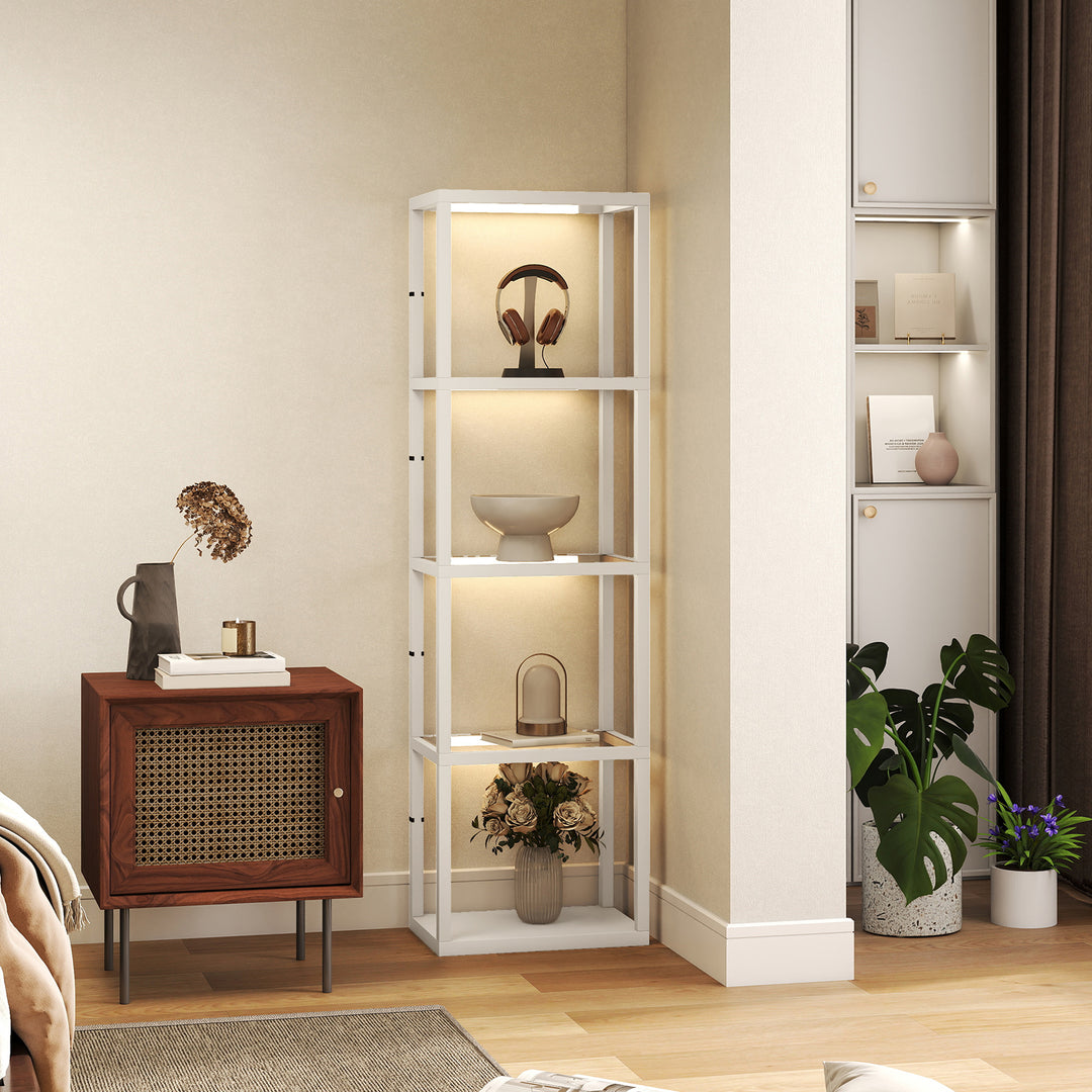 LED Floor Lamp with Glass Shelves, 4 Layers Dimmable Tall Standing Lamp, Modern Column Shelf Floor Light for Living Room, Bedroom, Office, Oak