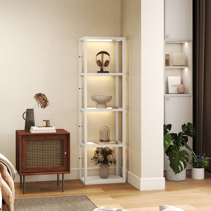 LED Floor Lamp with Glass Shelves, 4 Layers Dimmable Tall Standing Lamp, Modern Column Shelf Floor Light for Living Room, Bedroom, Office, Oak