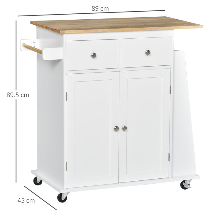 HOMCOM Kitchen Island Storage Cabinet Rolling Trolley with Rubber Wood Top, 3