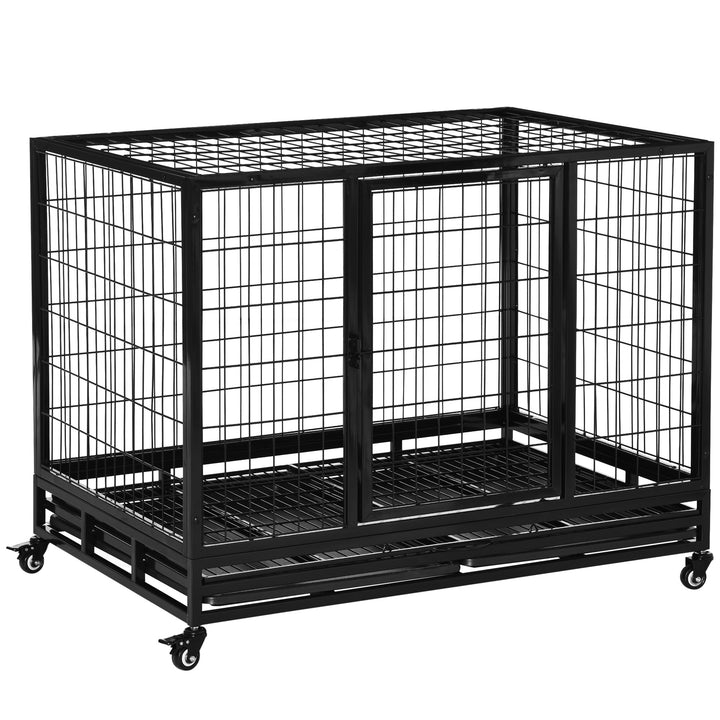 PawHut 43" Heavy Duty Metal Dog Kennel Pet Cage with Crate Tray and Wheels - Black (Large) | Aosom UK