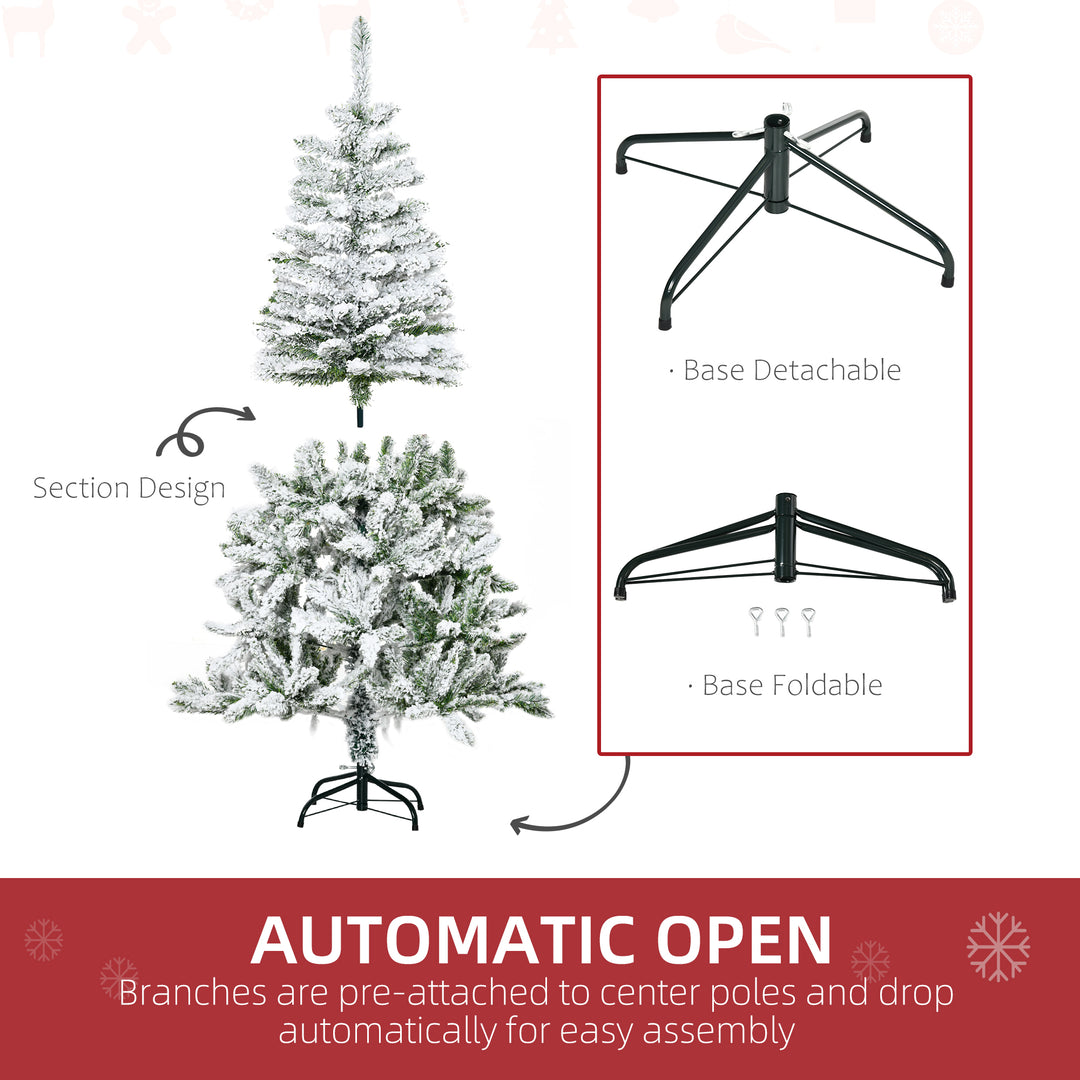 5 Ft Snow Flocked Artificial Christmas Tree Xmas Pine Tree with Realistic Branches, Auto Open and Steel Base, Green
