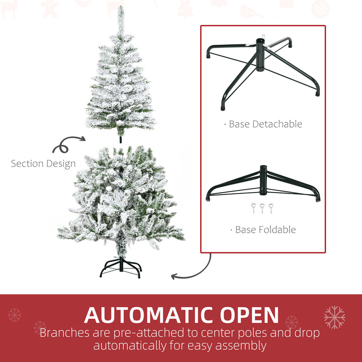 5 Ft Snow Flocked Artificial Christmas Tree Xmas Pine Tree with Realistic Branches, Auto Open and Steel Base, Green