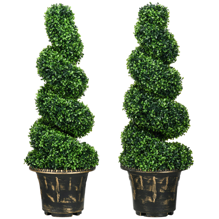 HOMCOM Set of 2 Artificial Plants, Topiary Spiral Boxwood Trees with Pot, for Home Indoor Outdoor Decor, 90cm | Aosom UK