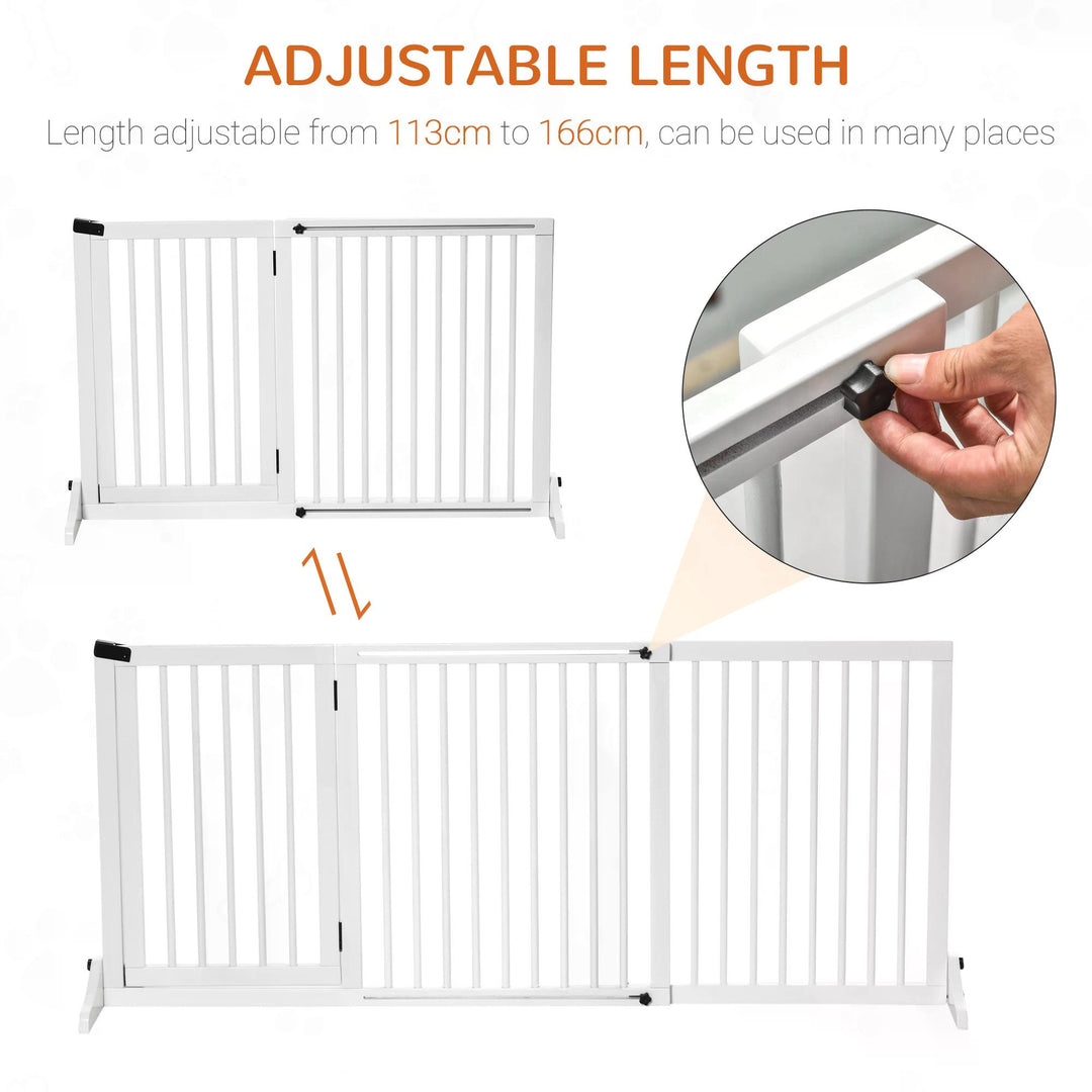 PawHut Adjustable Wooden Pet Gate Freestanding Dog Barrier Fence Doorway 3 Panels Safety Gate w/ Lockable Door White 71H x 113-166W cm | Aosom UK