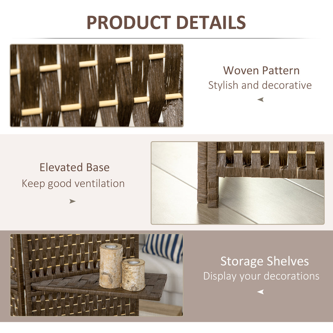 4-Panel Room Dividers with Shelves, Wave Fibre Freestanding Folding Privacy Screen Panels, Partition Wall Divider for Indoor Bedroom Office, 180 cm, Brown