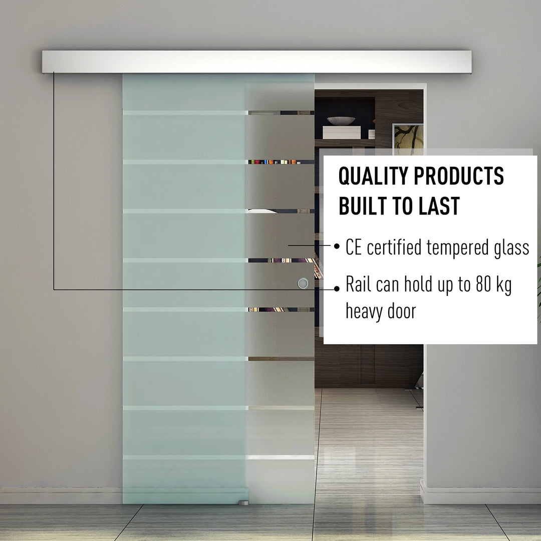 90cm Sliding Glass Door with Hardware Track Kit, Frosted Tempered Glass with Stripe Pattern, Round Handle
