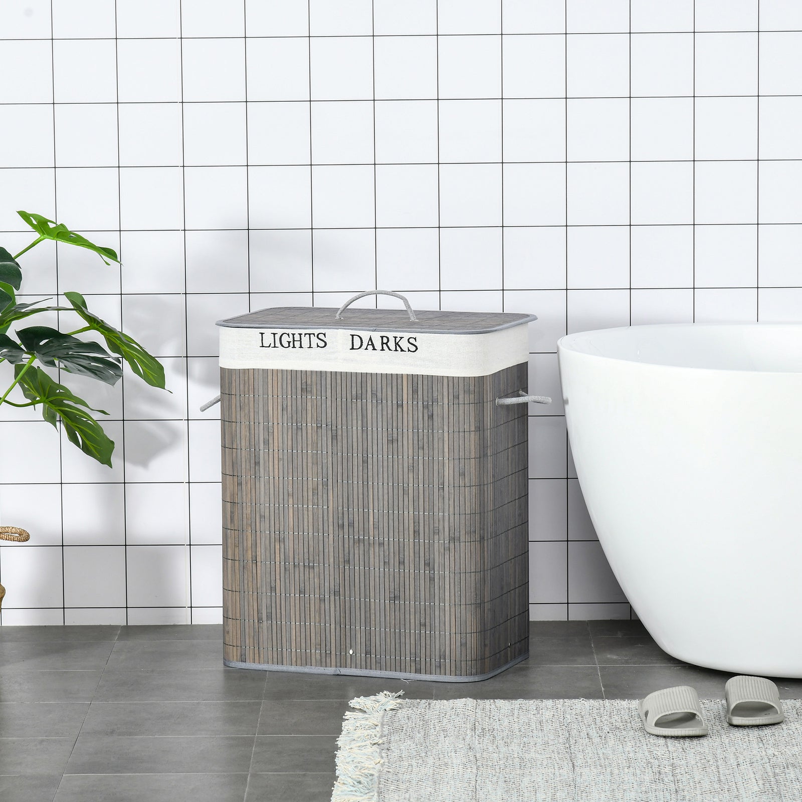 100L Laundry Basket with Lid String Handles, 2 Section Collapsible Hamper Removable Lining Foldable Water-Resistant Dirty Clothes Storage, Grey