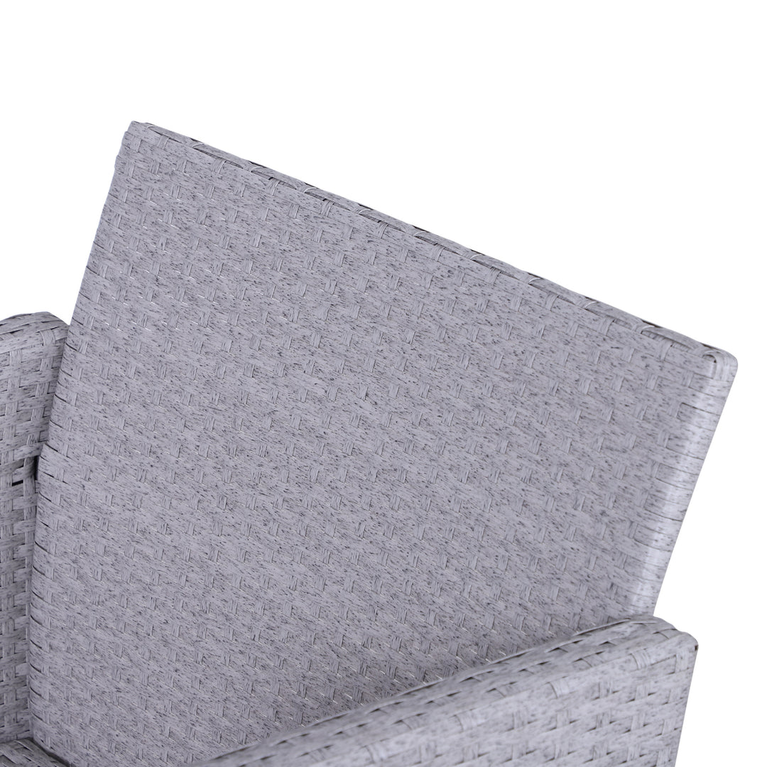 5 Pieces PE Rattan Garden Furniture Set with 10cm Thick Padded Cushions, Wicker Weave Outdoor Seating Chairs with 2 Armchairs, 2 Stools, Glass Top Table, Grey and White