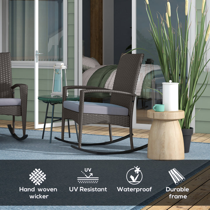Outdoor PE Rattan Rocking Chair Set of 2, Garden Rocking Chair Set with Armrest and Cushion, Grey