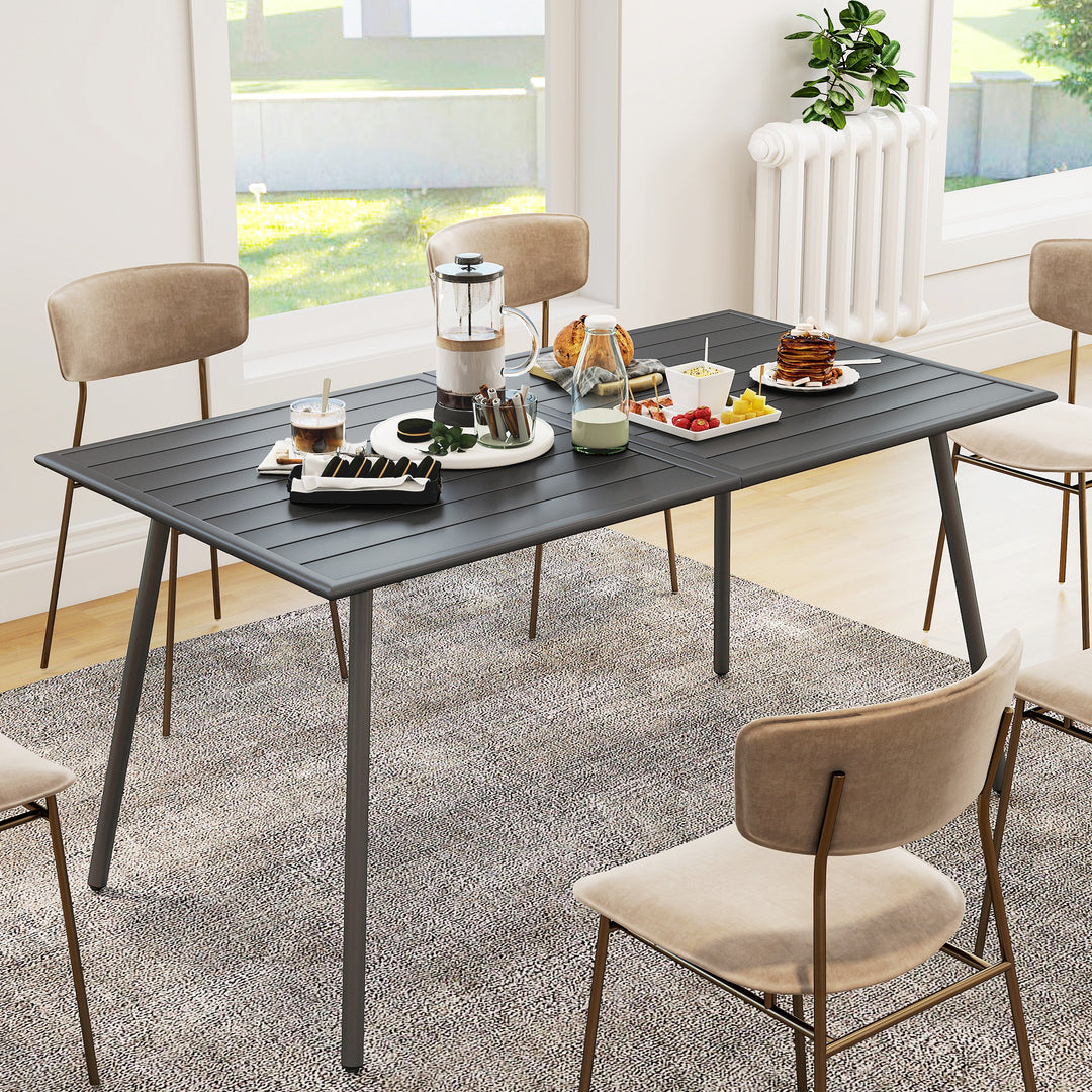 Rectangle Garden Table with Slat Top, Steel Frame, Outdoor Table for 6 Person, 150 x 80 x 74 cm, Grey