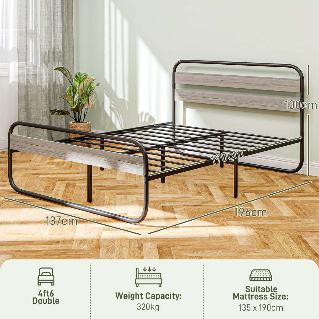 4ft6 Double Bed Frame, Industrial Style Metal Platform Bed Frame with Under Bed Storage, No Box Spring Needed, Easy Assembly, Grey