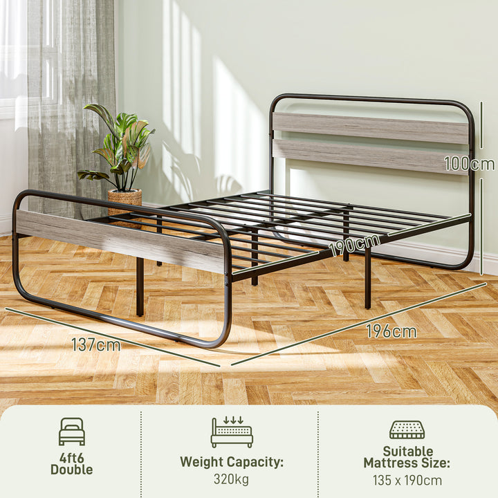 4ft6 Double Bed Frame, Industrial Style Metal Platform Bed Frame with Under Bed Storage, No Box Spring Needed, Easy Assembly, Grey