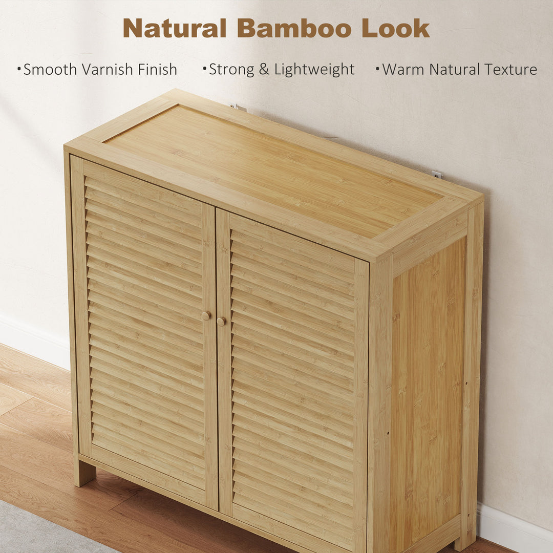 Bamboo Shoe Cabinet with Louvered Doors, 14 Pairs Shoe Storage Cabinet
