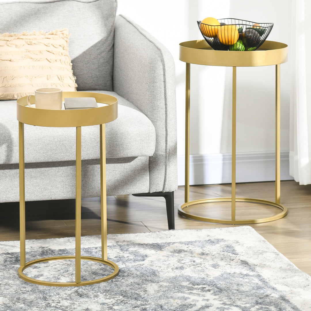 Nest of Tables, Round Coffee Table Set of 2, Nesting Tables with Embedded Tabletop and Metal Frame, Gold Side Table for Living Room, Bedroom