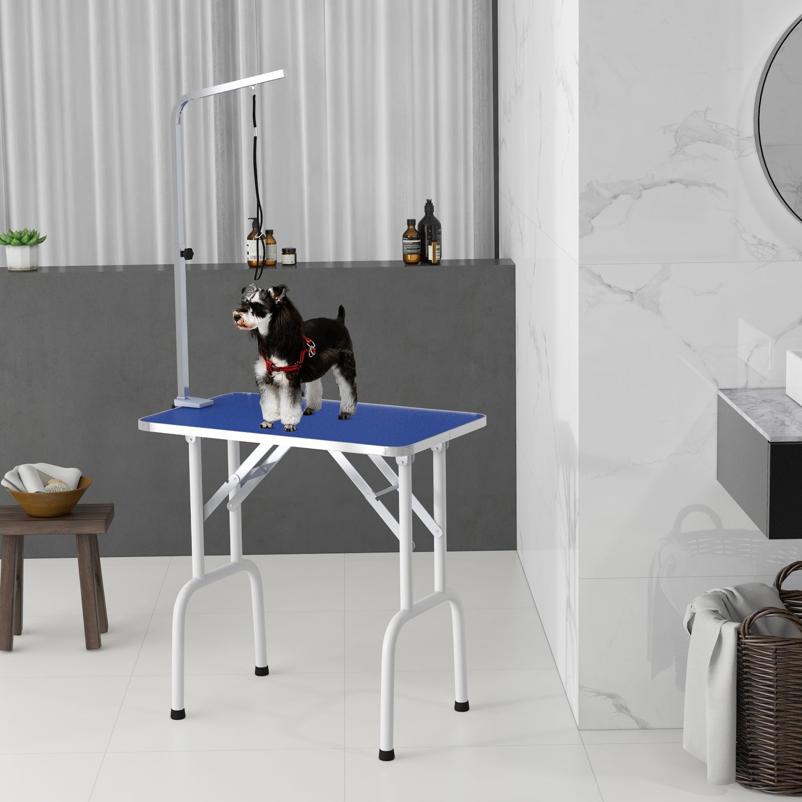 32" Foldable Dog Grooming Table Pet Drying Beauty Table Adjustable Fixed Arm Rubber Top, Blue