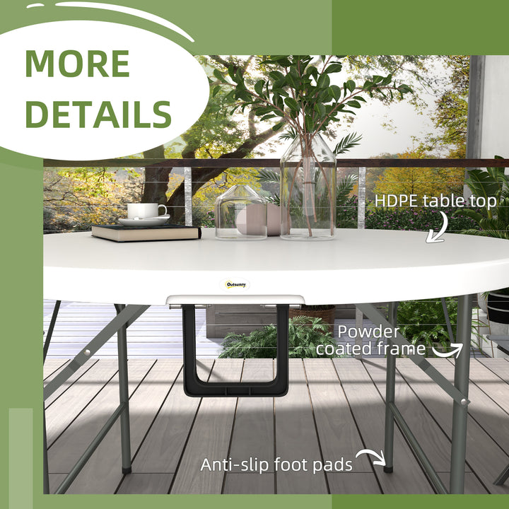 Outsunny 122 Folding Garden Table, Outdoor HDPE Round Picnic Table for 6, Patio Table with Metal Frame, White