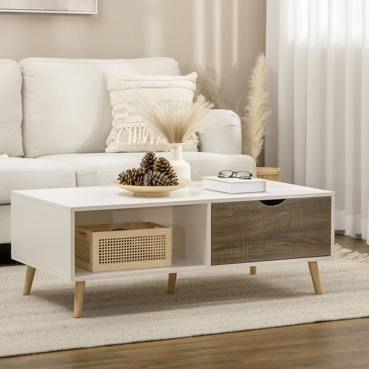 MCL Coffee Table, Modern Tea Table with Open Storage Shelves, Two Drawers and Solid Wood Legs, Coffee Tables for Living Room, Bed Room, White