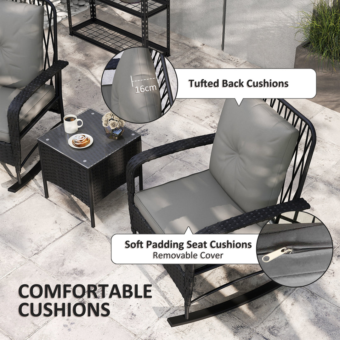 Three-Piece Rocking Chair Rattan Bistro Set - Black