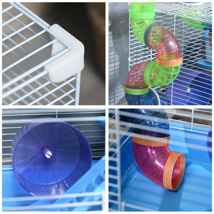 2 Tier Hamster Cage, Gerbil Cage with Handle, Exercise Wheels, Tunnel, Tube, Water Bottle, Dishes, Ladder, for Dwarf, Blue
