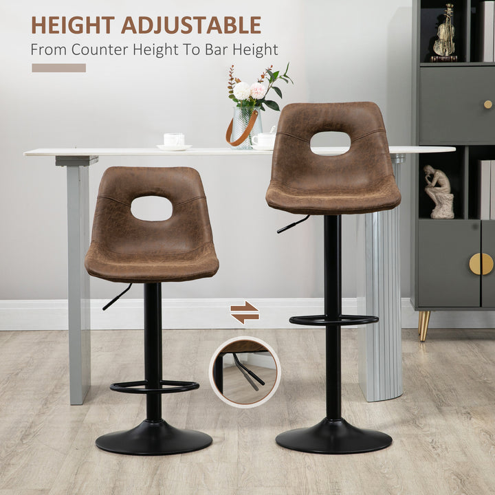 HOMCOM Retro Bar Stools Set of 2, Faux Leather, Adjustable Height with Backrest and Footrest, Brown | Aosom UK