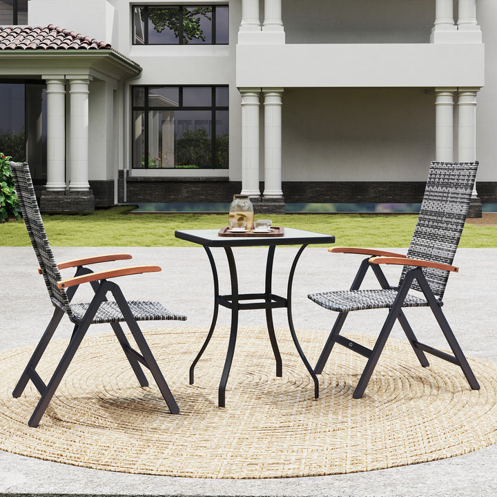 2 Pieces Folding Rattan Garden Dining Chairs with 5-level Reclining High Back, Wood Armrests for Outdoor - Light Grey