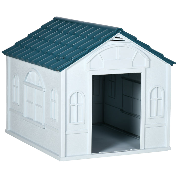 Plastic Weather-Resistant Dog House, for Indoors and Outdoors, Large Dogs - White and Blue