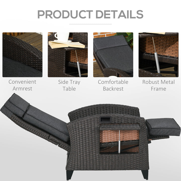 Outdoor Recliner Chair with Adjustable Backrest and Footrest, Cushion, Side Tray, Dark Grey/Brown