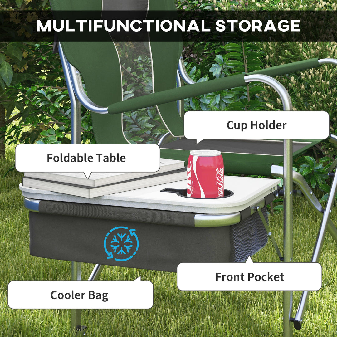 Outsunny Folding Directors Chair in Aluminium, Green, with Side Table, Cup Holder, Cooler Bag and Storage Pocket for Camping