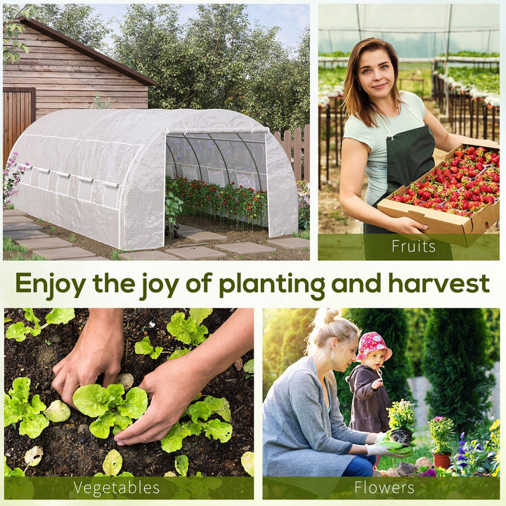 6 x 3 x 2 m Polytunnel Greenhouse with Roll-up Side Walls, Walk-in Grow House Tent with Steel Frame, Reinforced Cover, Zipped Door and 12 Mesh Windows for Garden, White