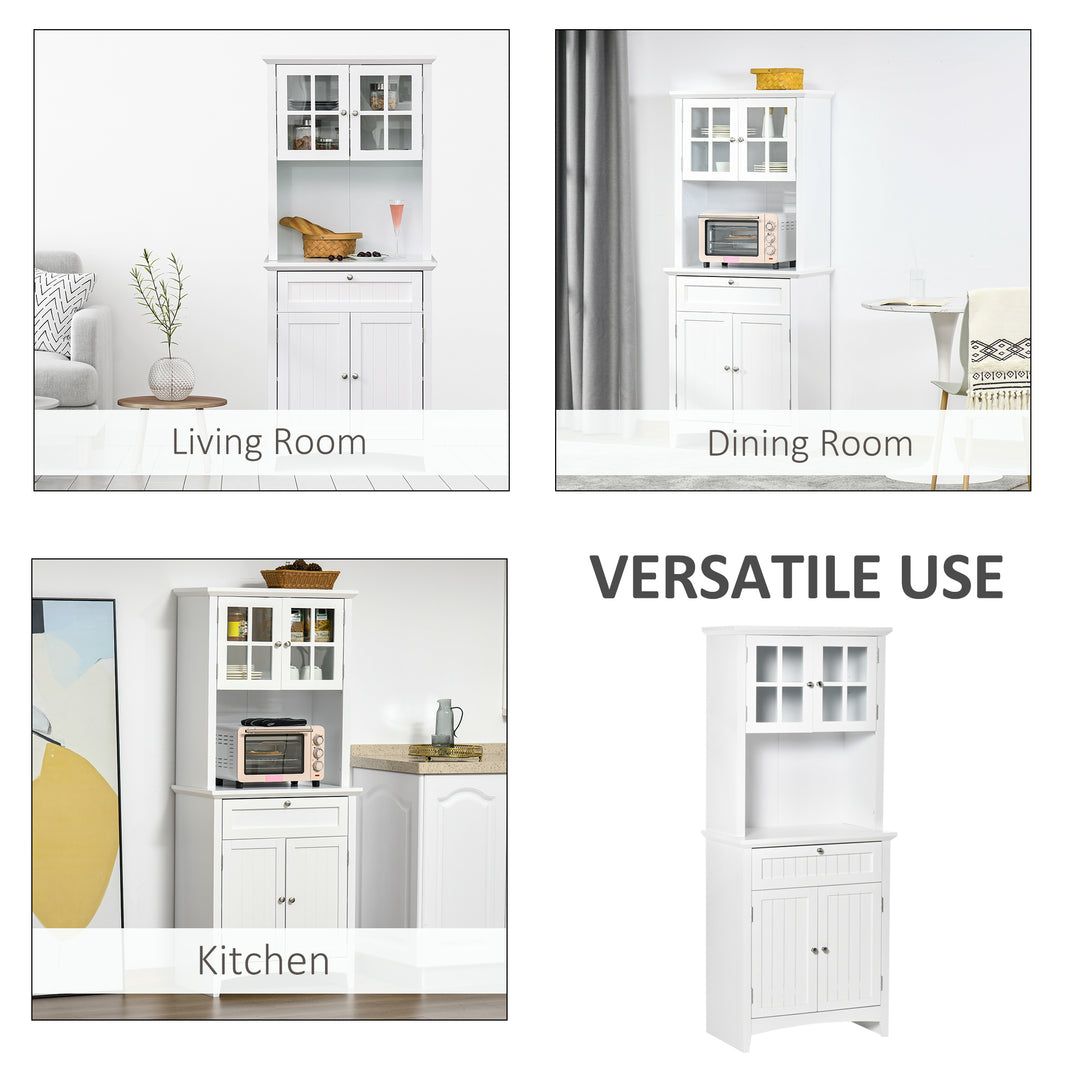 Kitchen Cupboard, Wooden Storage Cabinet with Framed Glass Door, Drawer, Microwave Space for Dining and Living Room, White