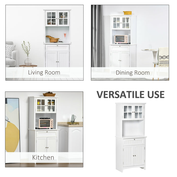 Kitchen Cupboard, Wooden Storage Cabinet with Framed Glass Door, Drawer, Microwave Space for Dining and Living Room, White