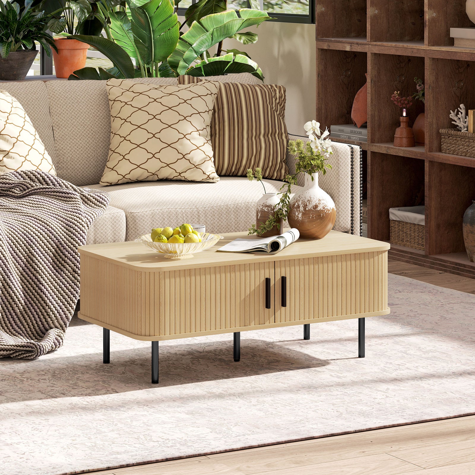 Coffee Table with Storage, Living Room Table with Slatted Tambour Sliding Doors and Foot Pads, Rectangular Coffee Table with Elevated Base for Living Room, Oak