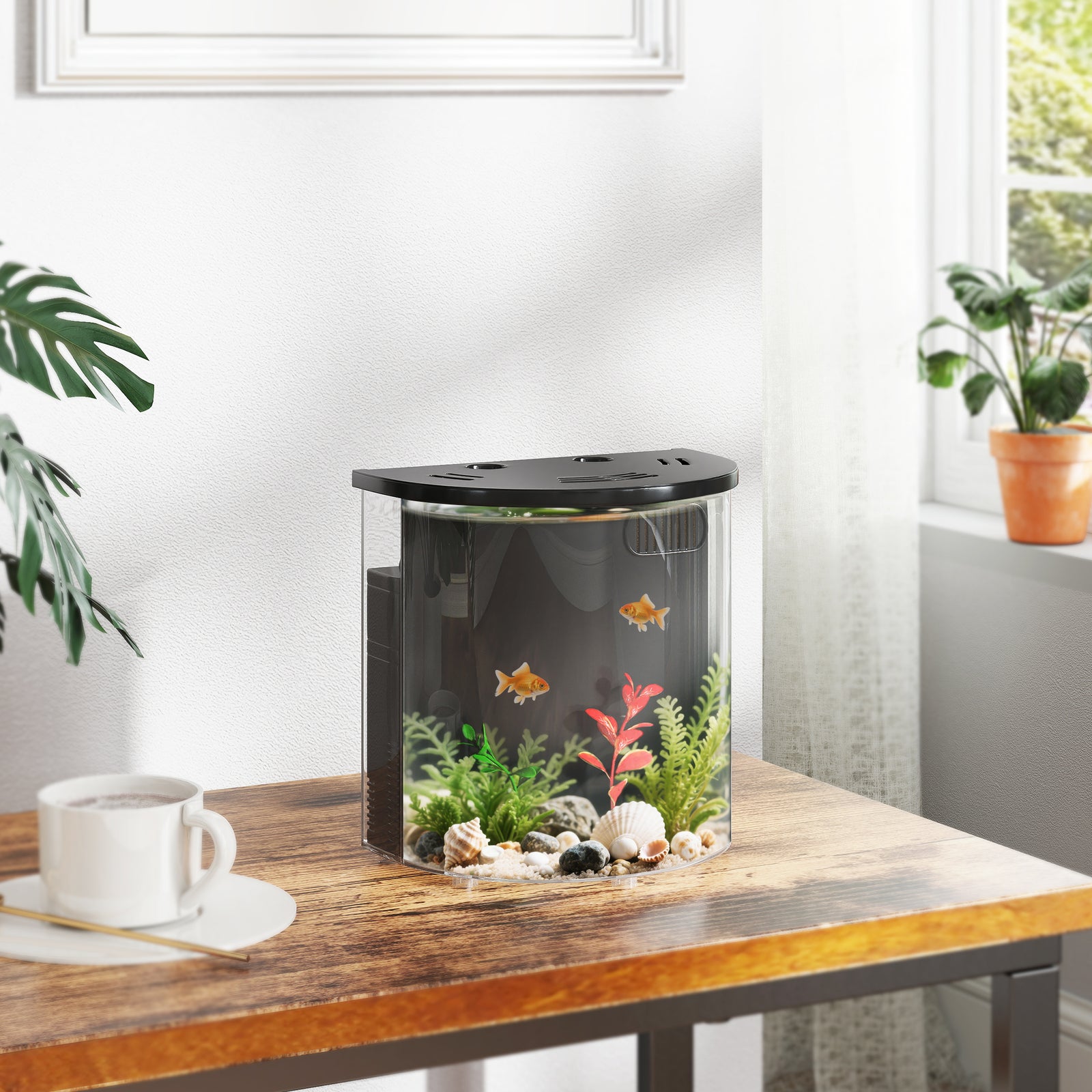 3L Small Fish Tank with Filter System, LED Light, Small Fish Tank for Betta, Goldfish, Shrimp, Black