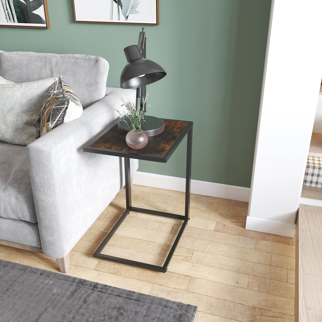 C-Shaped Side Table, Bedside Table with Metal Frame, Accent Sofa Couch Table for Living room, Bedroom, Brown and Black
