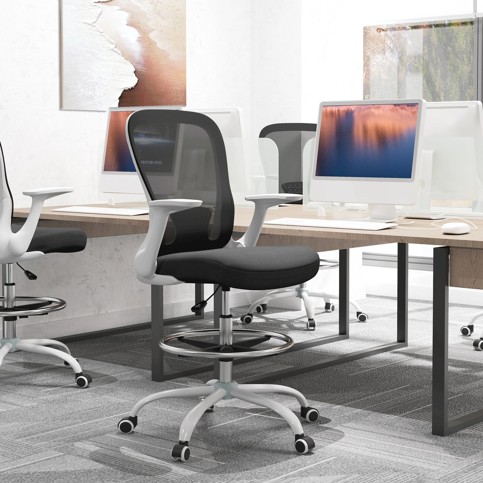 Draughtsman Chair, Mesh Drafting Chair, Ergonomic Office Chair with Flip-up Armrest, Adjustable Foot Ring, Black White