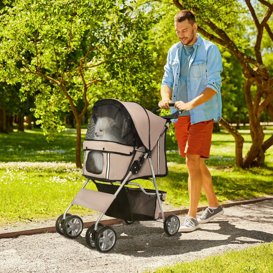 Pet Stroller for Small Miniature Dogs Cats Foldable Travel Carriage with Wheels Zipper Entry Cup Holder Storage Basket Brown