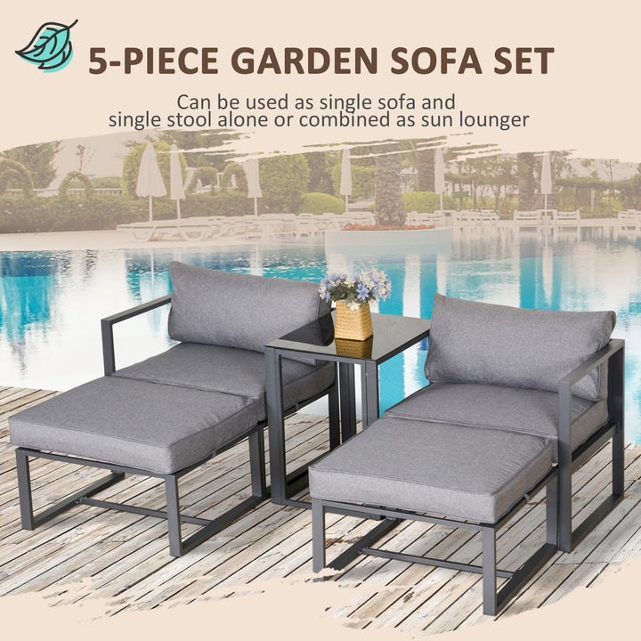 5 Piece Garden Aluminium Conversation Sofa Set Patio Furniture Set Outdoor 2 Sofas 2 Footstools End Table with Cushions