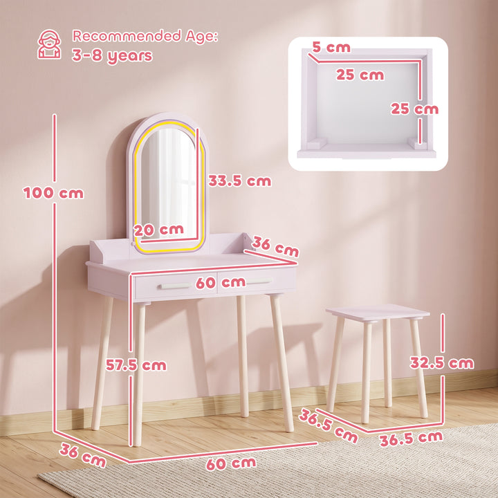Kids Dressing Table, Girls Vanity Set with Stool, 3-Colour LED Lights 