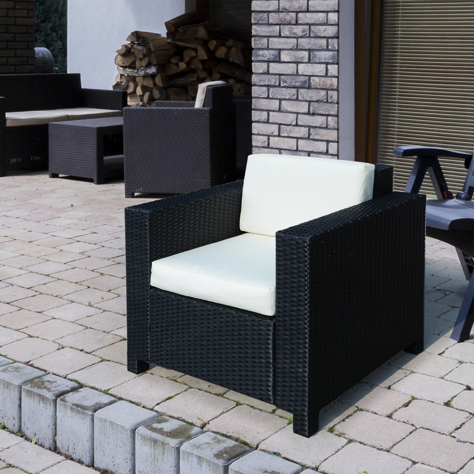 Single Seater Rattan Chair Sofa with 10 cm Thick Padded Cushion, All-Weather PE Wicker Weave Garden Armchair with Armrests, Black