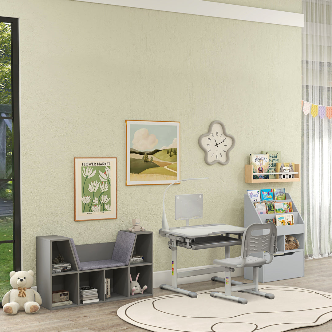 Kids Study Desk and Chair Set w/ Adjustable Height, Storage, Drawer, Grey