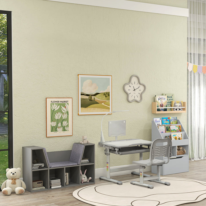 Kids Study Desk and Chair Set w/ Adjustable Height, Storage, Drawer, Grey