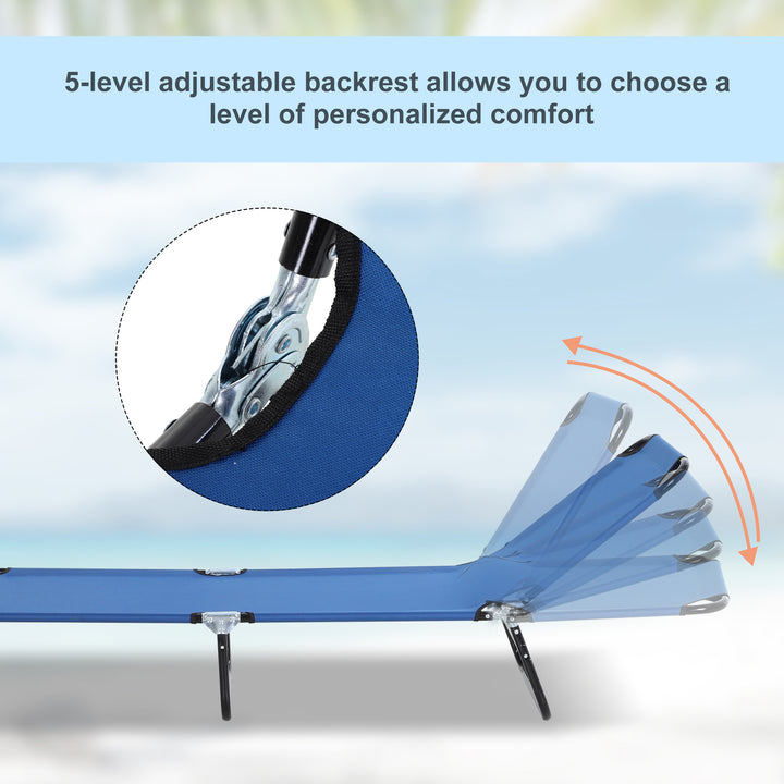 2 Piece Foldable Sun Loungers with 5-Position Adjustable Backrest, Outdoor Portable Recliner Chaise Lounge Chairs with Breathable Mesh Fabric, Blue