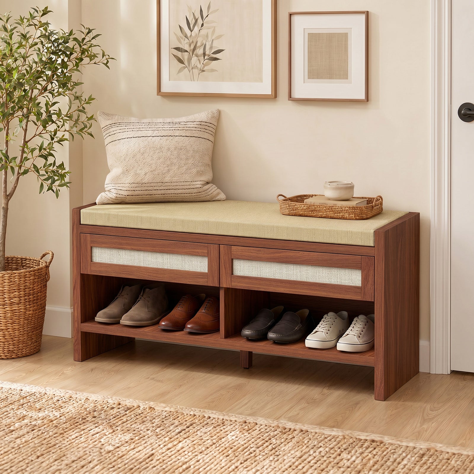 Boho Shoe Bench with 2 Rattan Drawers, Shoe Storage Bench with Cushion