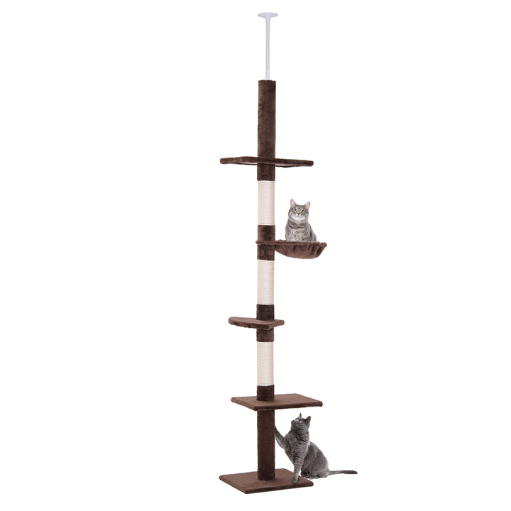 PawHut Cat Climbing Tree, 5-Tier Floor to Ceiling Adjustable Scratching Post Tower, Activity Centre, Brown, 230-260cm | Aosom UK