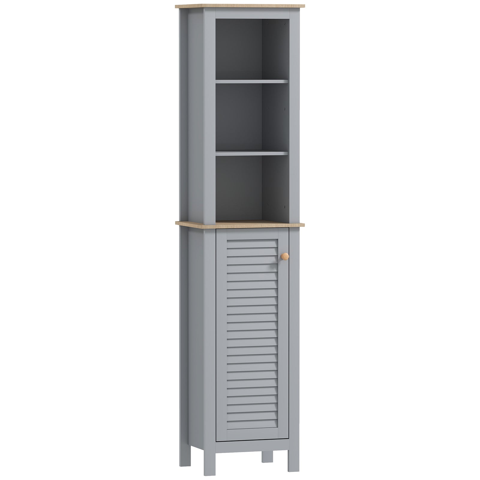 Bathroom Floor Storage Cabinet with 3 Tier Shelf and Cupboard with Door, Free Standing Linen Tower, Tall Slim Side Organizer Shelves, Grey