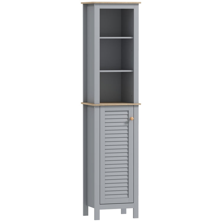 MCL Bathroom Floor Storage Cabinet with 3 Tier Shelf and Cupboard with Door, Free Standing Linen Tower, Tall Slim Side Organizer Shelves, Grey