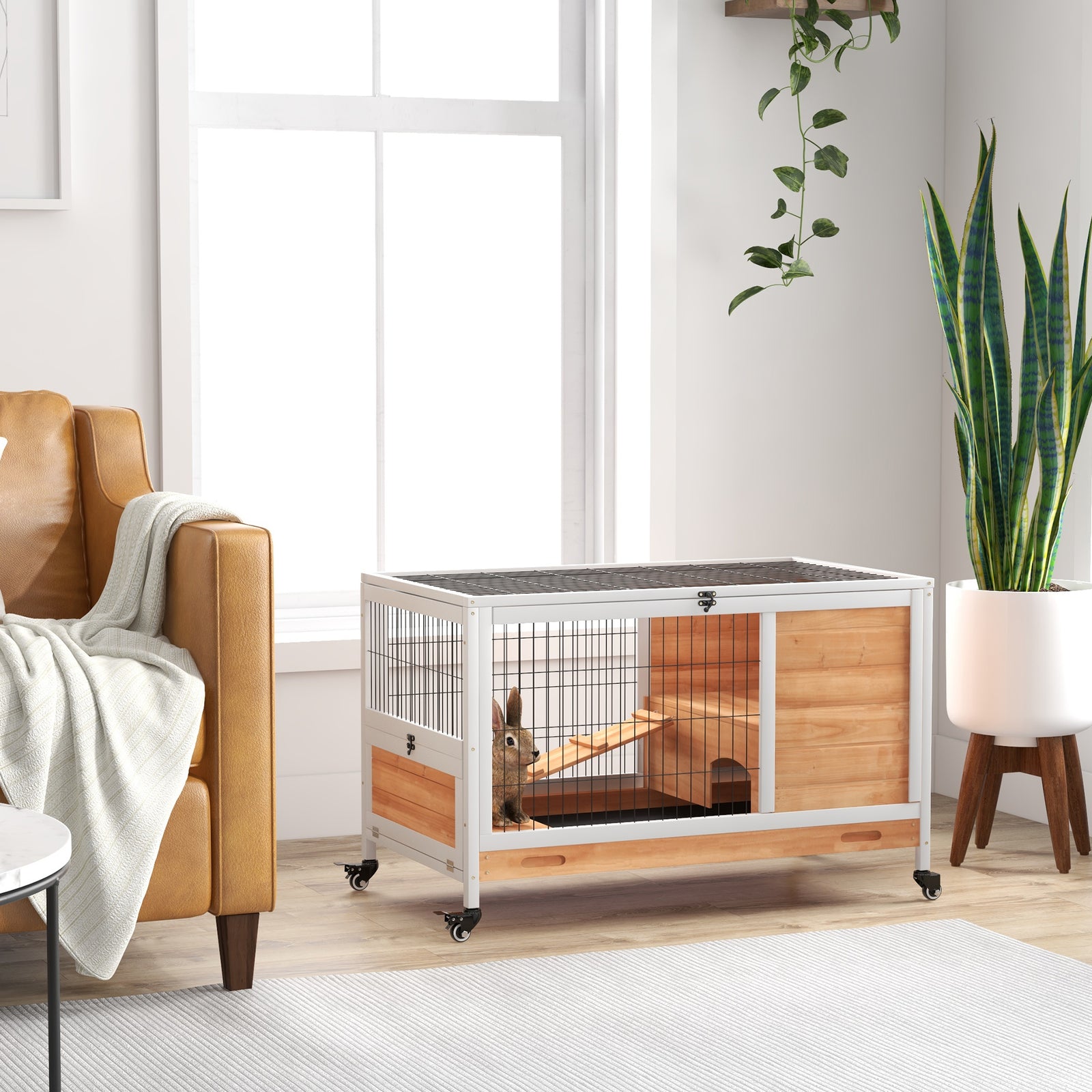 Wooden Guinea Pig Hutch, 2-Floor Bunny Cage w/ Enclosed Run Area, Yellow