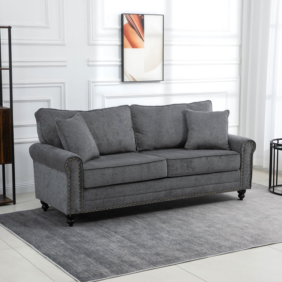 3 Seater Sofa, Fabric Couch with Rubber Wood Legs, 3 Seater Settee with Extra Padded Cushions and Pillows for Living Room, 196W x 80.5D x 89H cm, Grey