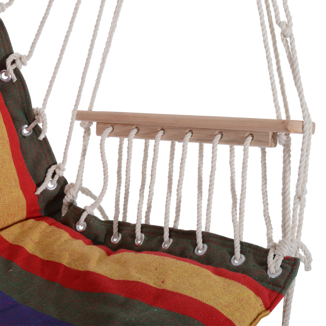 Hanging Rope Chair with Soft Padded Seat & Backrest, Portable Garden Hammoc Chair with Wooden Support Bar, Armrests, Cotton Cloth, Footrest, for Patio & Tree, Red